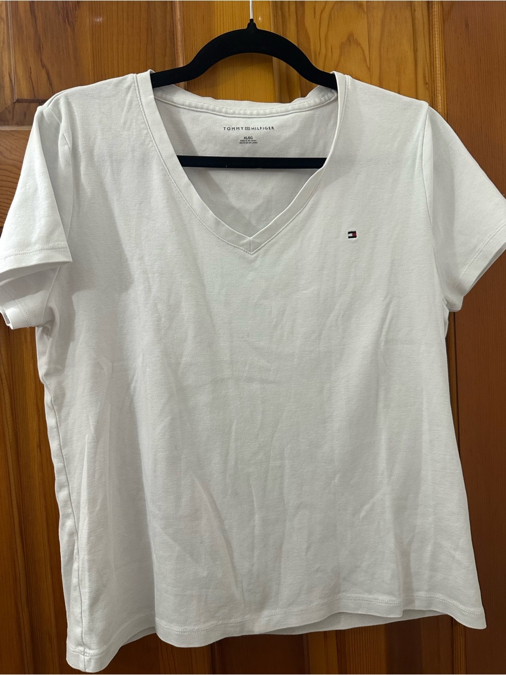 Tommy Hilfiger White V-Neck Tee with Small Flag Embroidery